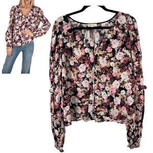 For Love and Lemons Floral Button Puff Sleeve Cottage Boho Blouse Size Small